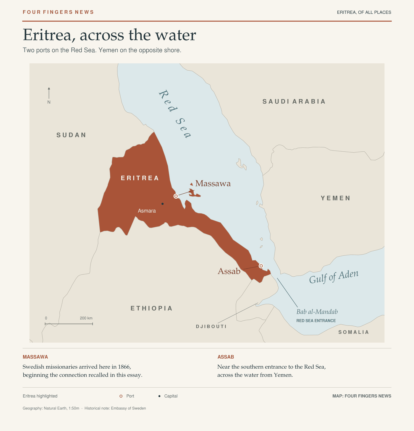 Locator map highlighting Eritrea, Massawa and Assab, opposite Saudi Arabia and Yemen, with Bab al-Mandab and the Gulf of Aden labeled.