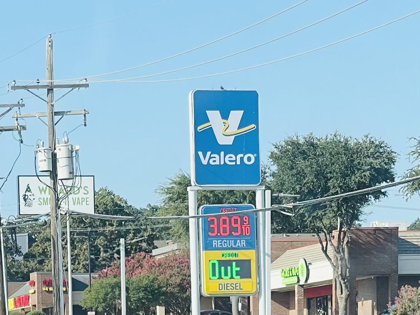 A Valero station sign in Lewisville, Texas, displays Out in the diesel price panel.