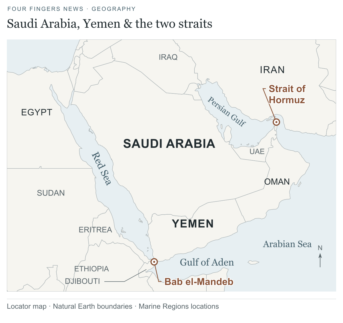Regional map showing Saudi Arabia and Yemen, Bab el-Mandeb at the southern end of the Red Sea, and the Strait of Hormuz between Iran and Oman.