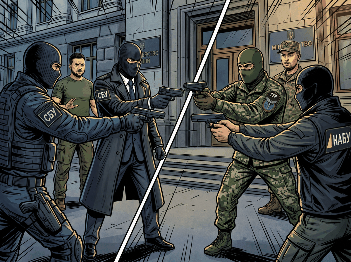 Editorial illustration of rival Ukrainian agencies facing off, with SBU, GUR and NABU patches.